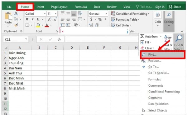 Hướng dẫn cách tìm tên trong Excel