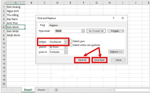 Hướng dẫn cách tìm tên trong Excel