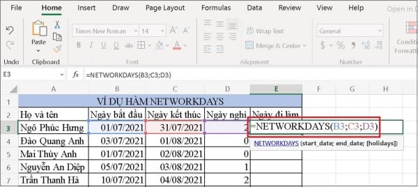 Công thức tính số ngày làm việc trong Excel
