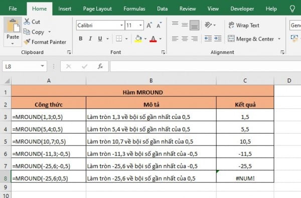 Hàm làm tròn lên 0.5 trong Excel