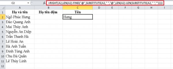 Hàm tách họ và tên trong Excel