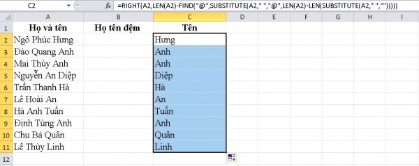 Hàm tách họ và tên trong Excel