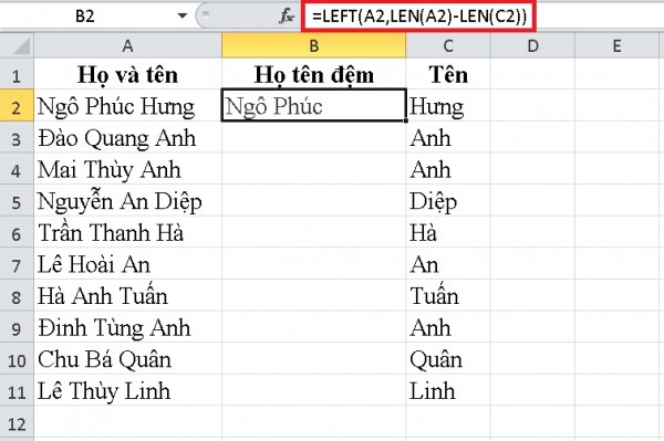 Hàm tách họ và tên trong Excel