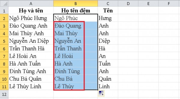 Hàm tách họ và tên trong Excel