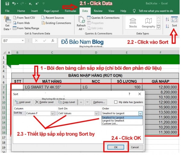 Cách sắp xếp theo thứ tự tăng dần trong Excel