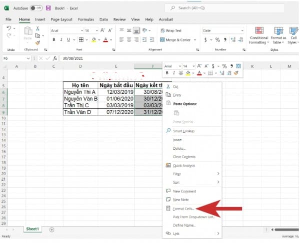 Cách định dạng ngày tháng năm trong Excel 