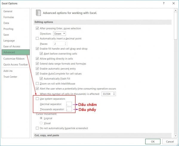 Hướng dẫn cách đổi dấu phẩy thành dấu chấm trong Excel 2016 