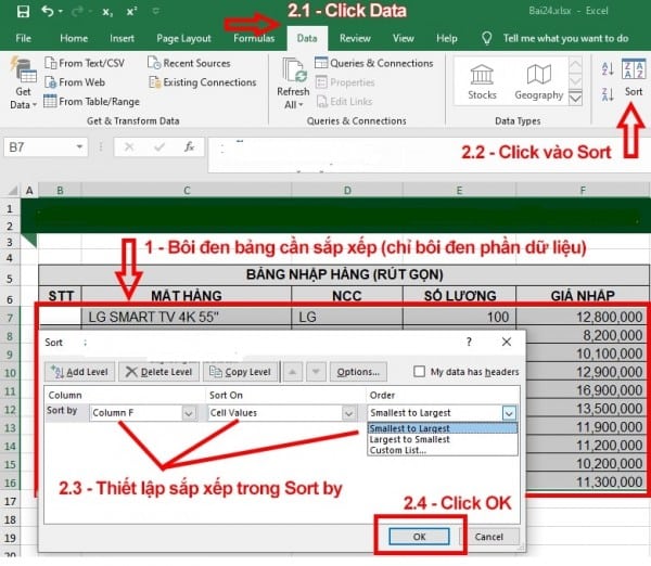 Hướng dẫn cách sắp xếp các số theo thứ tự trong Excel tăng dần 