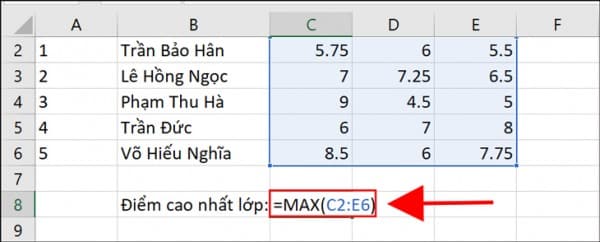 Cách tính trong Excel để tính max và min 