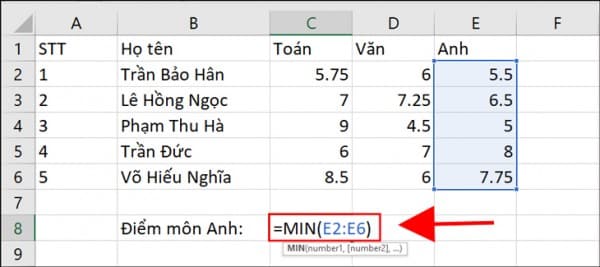 Cách tính trong Excel để tính max và min 