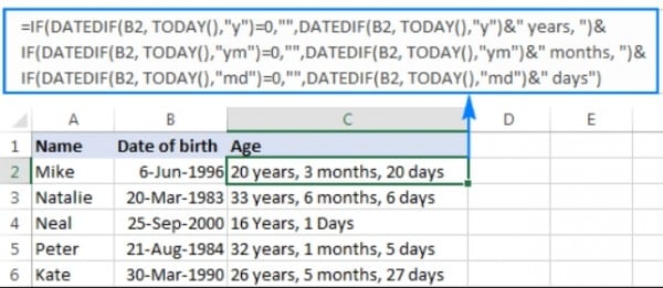 Cách tính tuổi trong Excel bằng các hàm kết hợp 