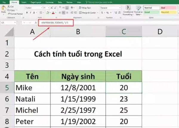 Cách tính tuổi trong Excel bằng hàm DATEDIF để tính tuổi 