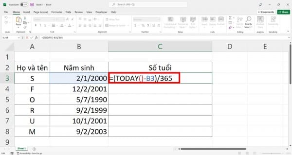 Cách tính tuổi trong Excel bằng hàm TODAY 