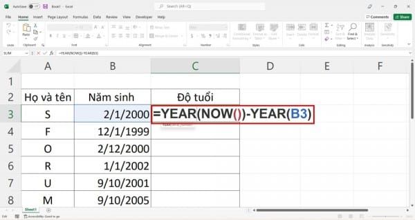 Cách tính tuổi trong Excel bằng hàm YEAR 