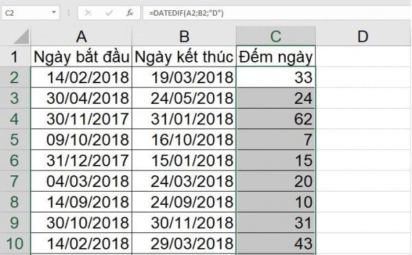 Cách tính số ngày từ ngày đến ngày trong Excel 