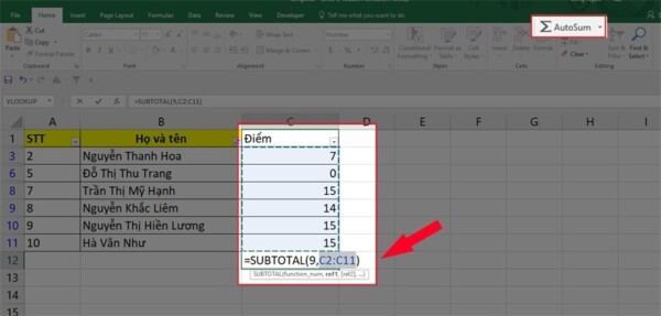 Cách cộng các ô được lọc bằng Subtotal trong Excel