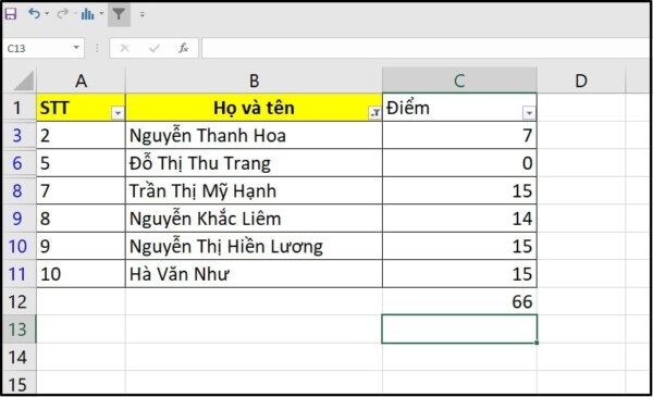 Cách cộng các ô được lọc bằng Subtotal trong Excel