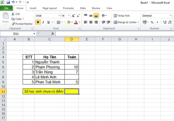 Ví dụ hàm Countblank trong Excel