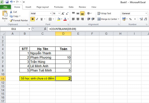 Ví dụ hàm Countblank trong Excel