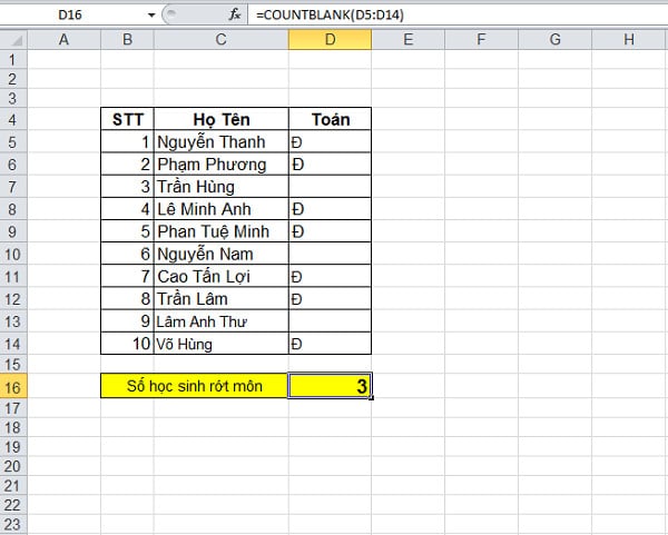 Ví dụ hàm Countblank trong Excel