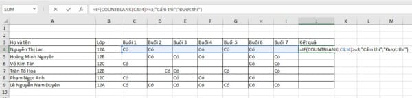 Ví dụ hàm Countblank trong Excel