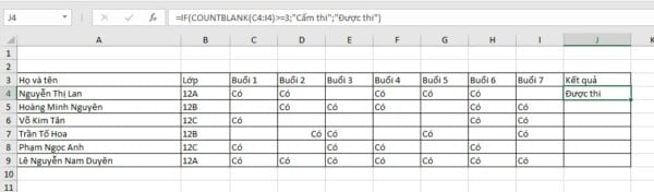 Ví dụ hàm Countblank trong Excel