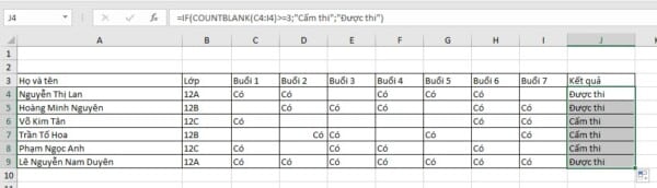 Ví dụ hàm Countblank trong Excel