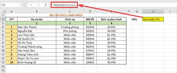 Ví dụ về hàm INDEX trong Excel