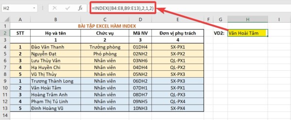 Ví dụ về hàm INDEX trong Excel