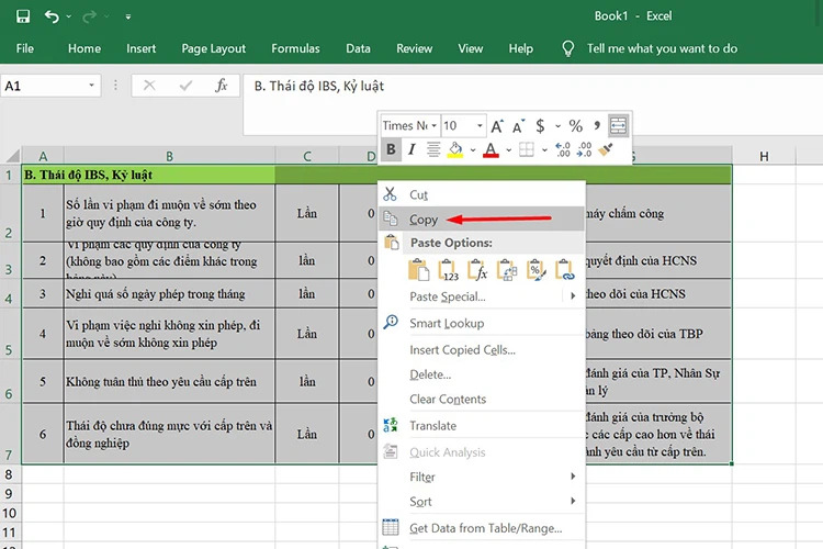 Cách chuyển Excel sang Word sử dụng lệnh Copy